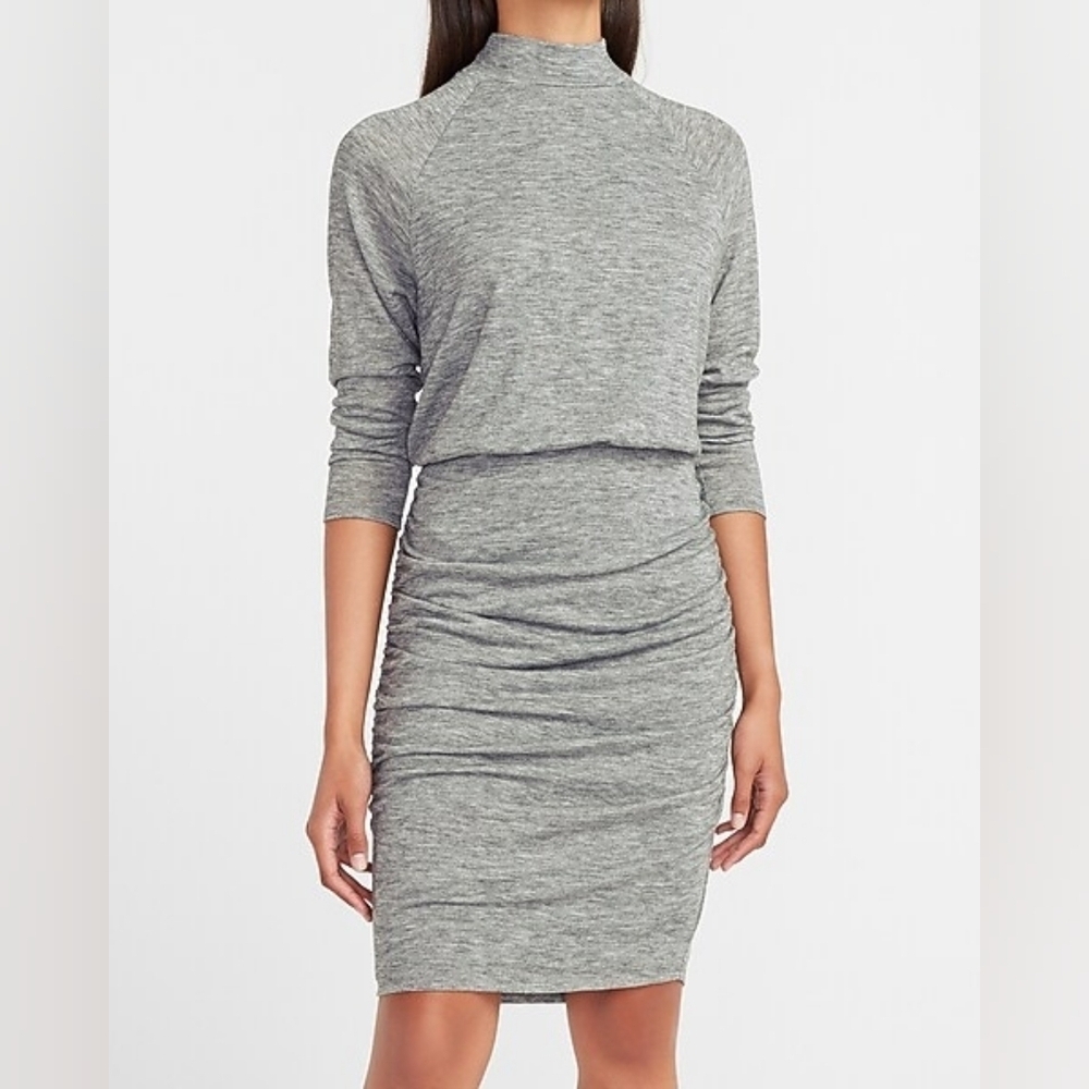 Express Gray Knit Ruched Long Sleeve Mock Neck Dress XL